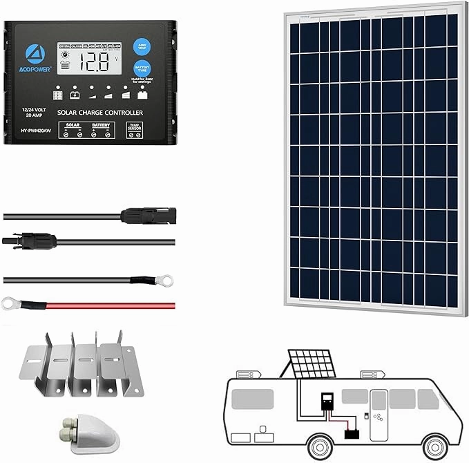 ACOPOWER 100W 12V Poly Solar RV Kits. 20A PWM Charge Controller