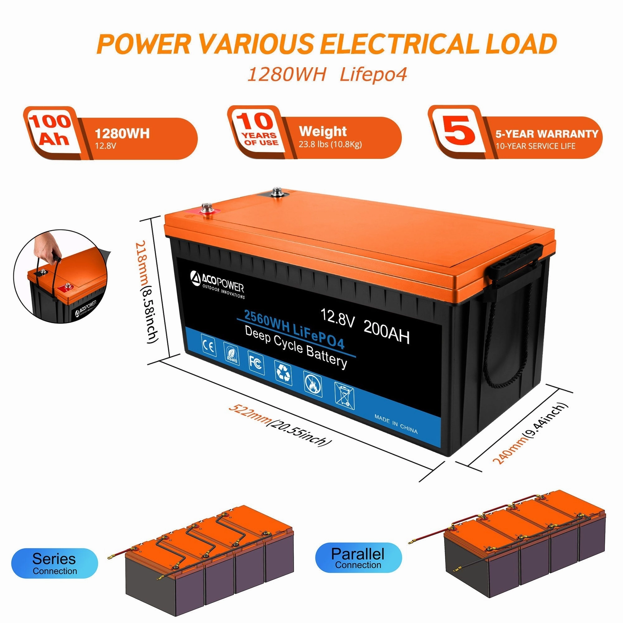 Acopower 100W mono400Ah/3kW(2x200Ah) Li400Ah M800w