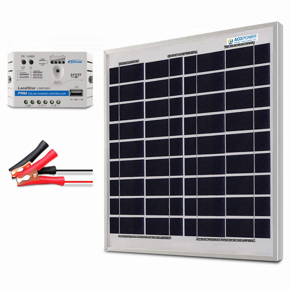 Acopower 15W 12V Solar Charger Kit. 5A Charge Controller with Alligator Clips