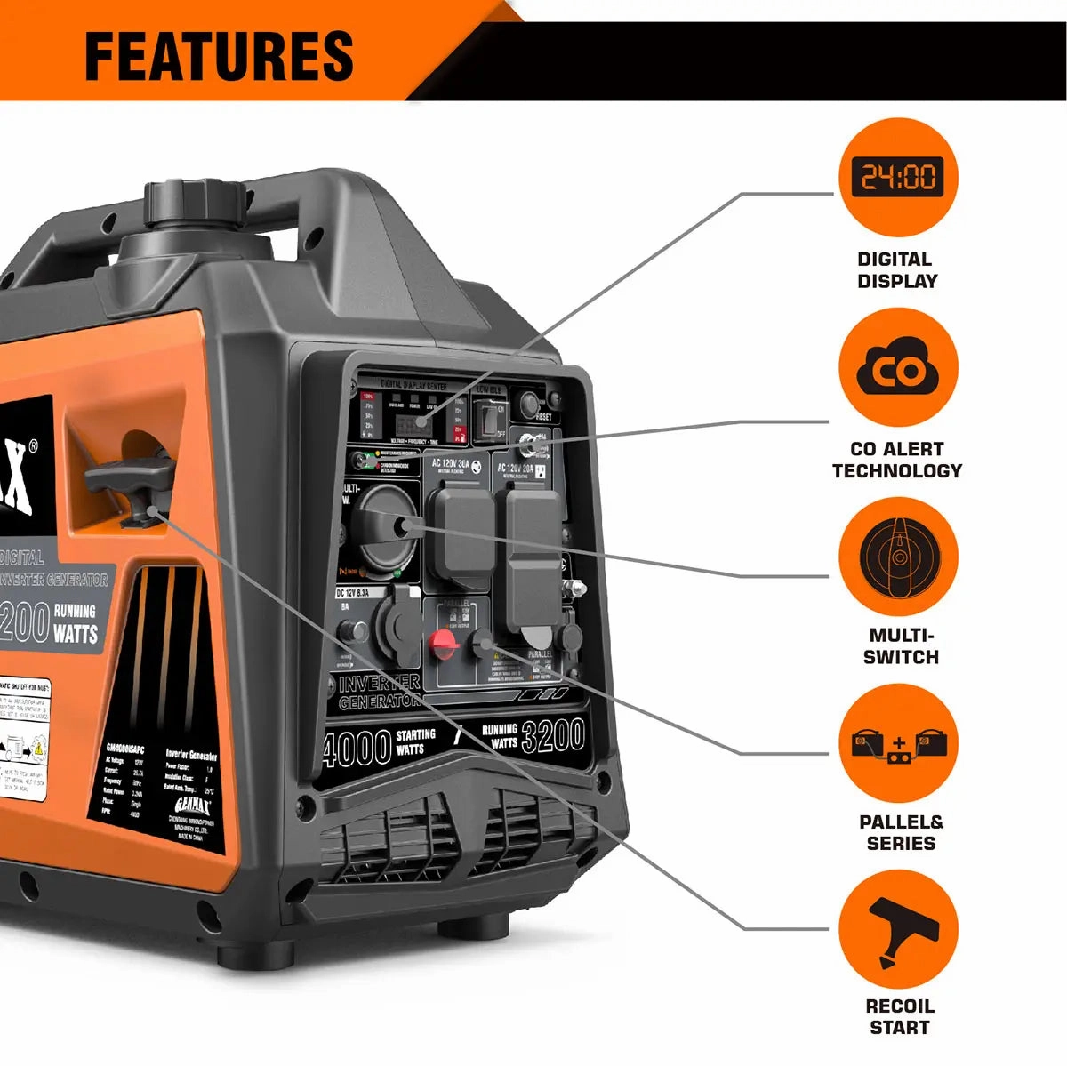 Genmax GM4000iSAPC 4000 Watt Gasoline Inverter Generator ultra-quiet145cc Engine EPA & CARB Compliant. Eco-Mode Feature