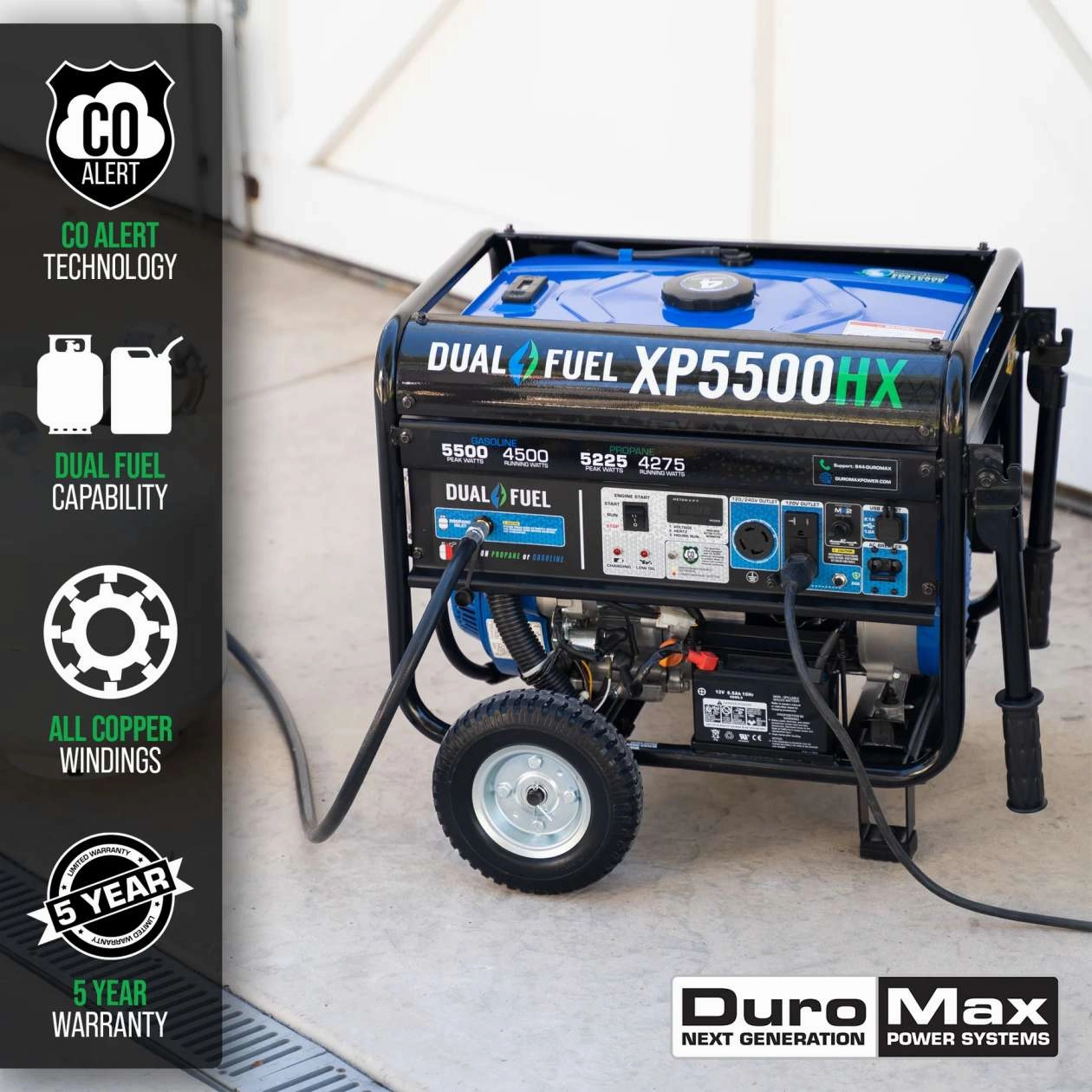 REFURB DuroMax XP5500HX 5.500 Watt 7.5 HP Dual Fuel Portable Generator With CO Alert 50- States (Grade A)
