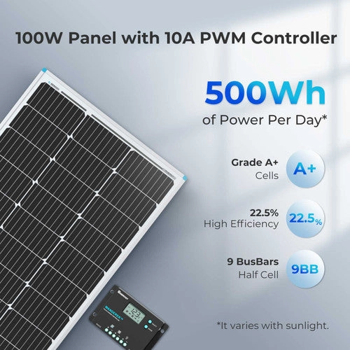 Renogy 100W 12V Monocrystalline Solar Starter Kit w/Wanderer 10A Charge Controller