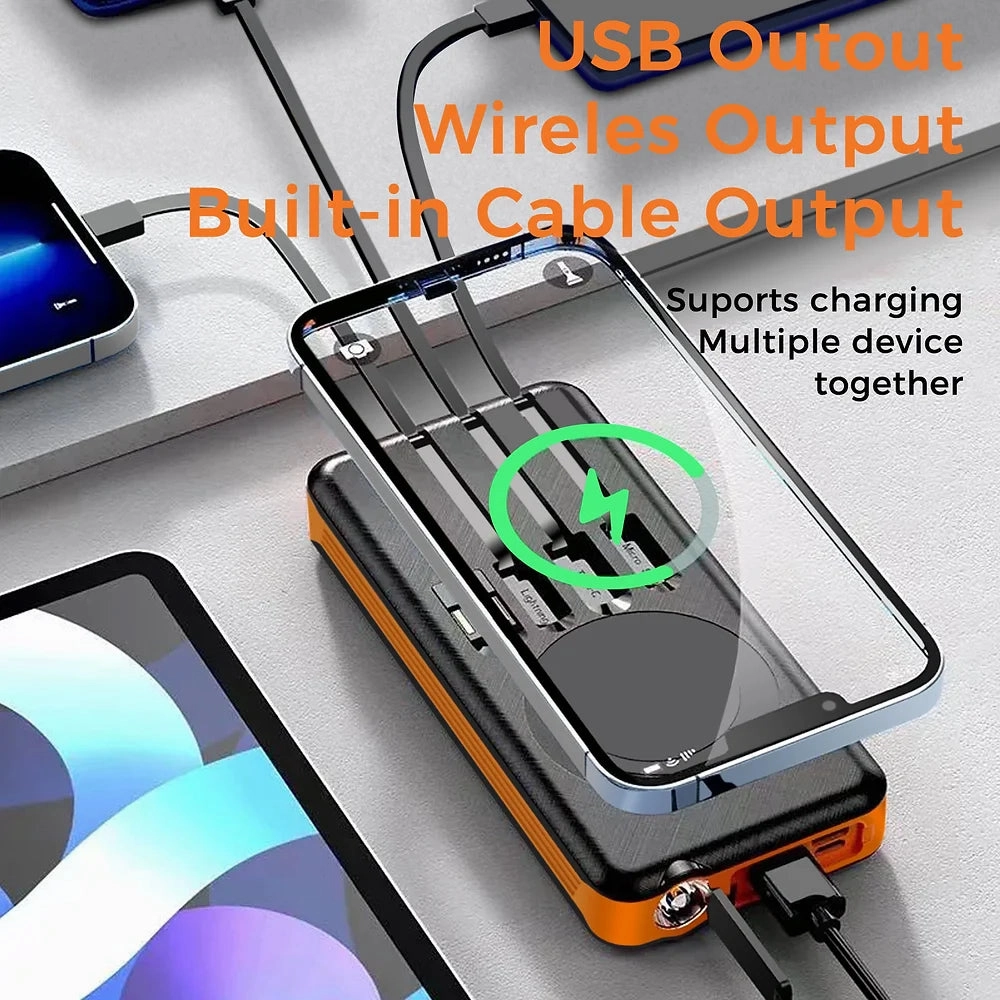 Sungale 10000mAh Solar Power Bank with Wireless Charging and Built-in Cables