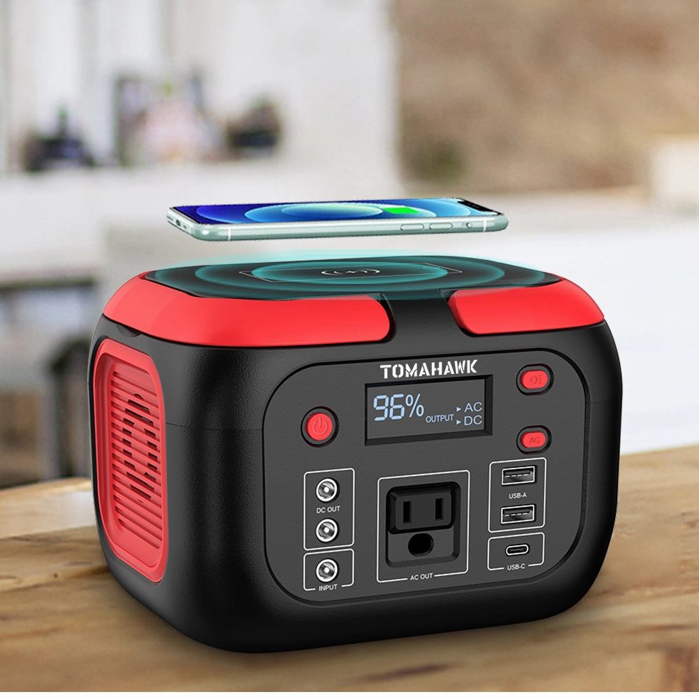 Tomahawk Portable Power Station. 155Wh 200W 4-Port Backup Lithium Battery. AC DC Outlet. 60W USB-C USB-A Pure Sine Wave Outlet. Digital. LED Light for Outdoor Camping. RV